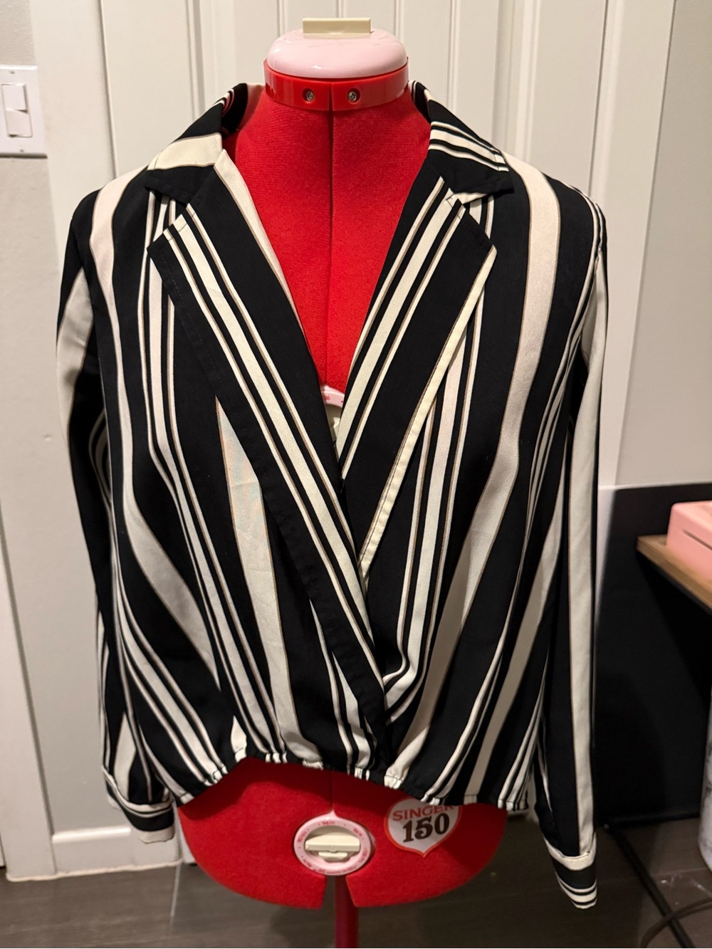 Privy,Striped Wrap-Front Blouse - Black,Beige & Cream High- low hem size Medium